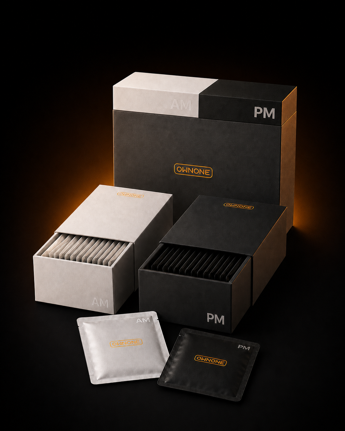OWNONE AM and PM boxes, daily sachets and outer system case