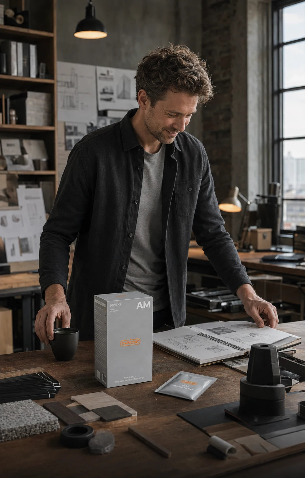 A Western male founder working beside a realistically scaled OWNONE AM nutrition box in an early-morning design studio