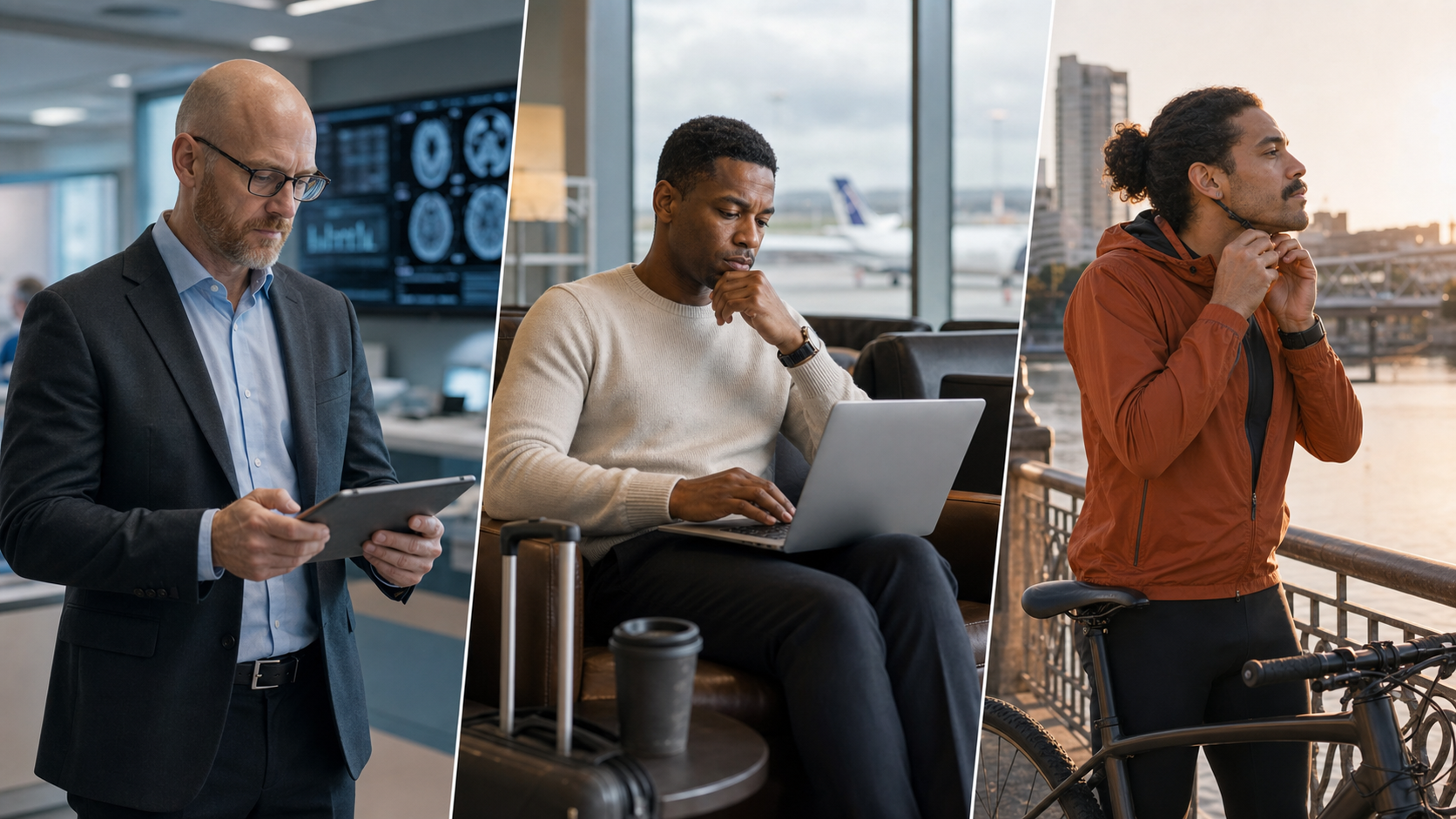 Three distinct OWNONE customer profiles: a physician executive in a medical office, a strategy consultant working in an airport lounge, and a product designer preparing for a cycling commute