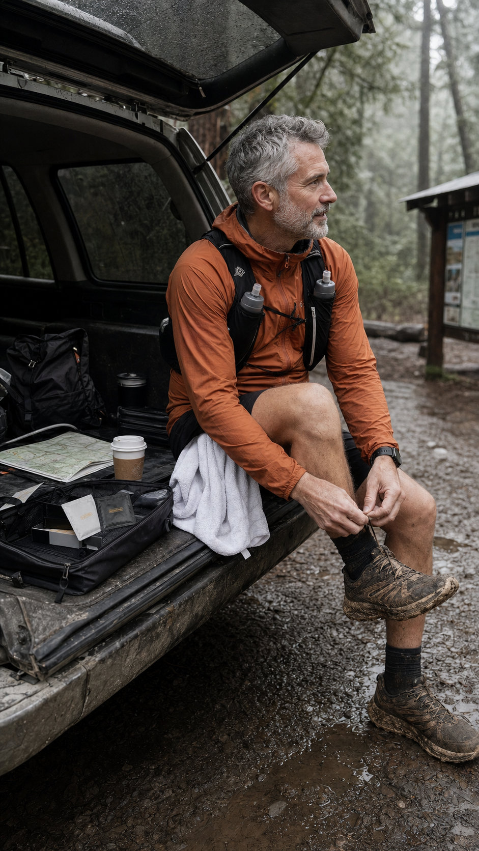An executive athlete preparing at a trailhead
