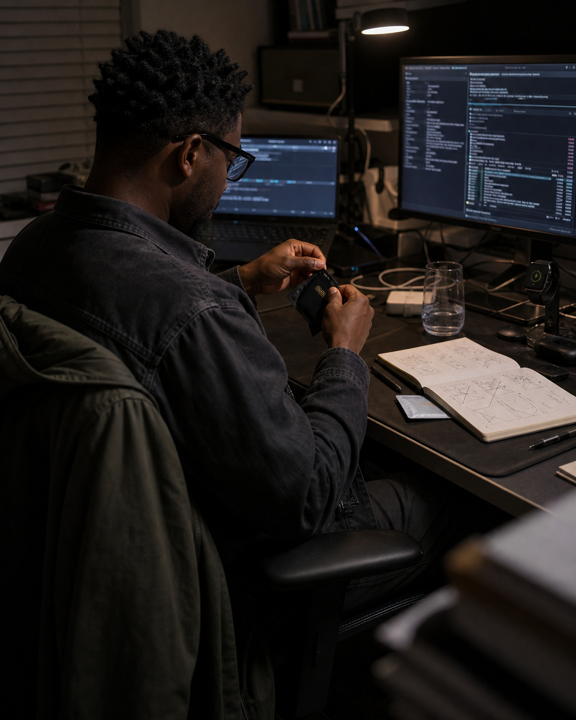 A technical professional working at night